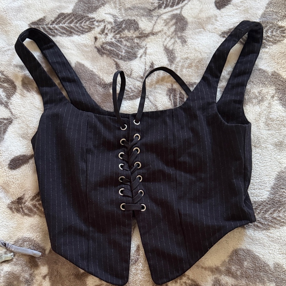 Silence + Noise Black Pinstripe Lace-Up Crop Top